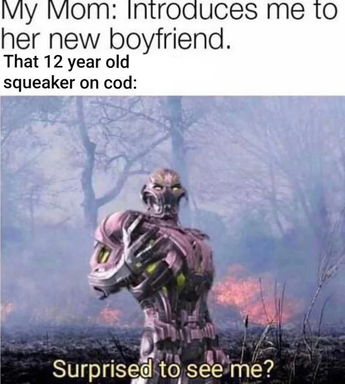 Squeakers — Ultron meme captioned about a 12-year-old squeaker on Call of Duty being the mom's new boyfriend
