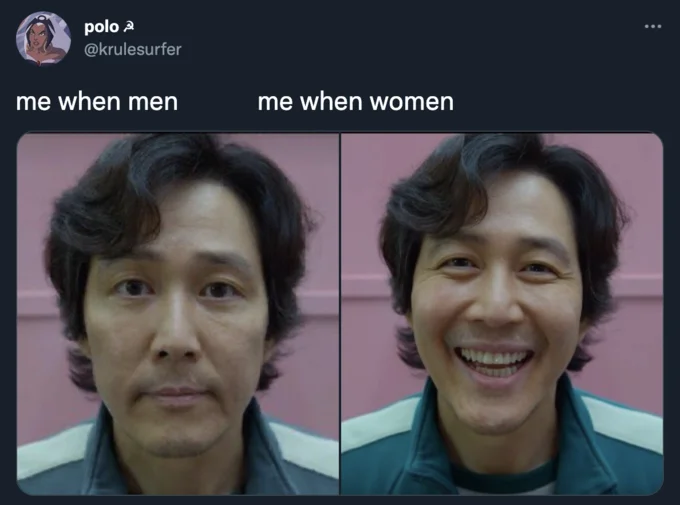 Squid Game Memes — Twitter meme with two Squid Game character expressions split into 'me when men' and 'me when women' panels.