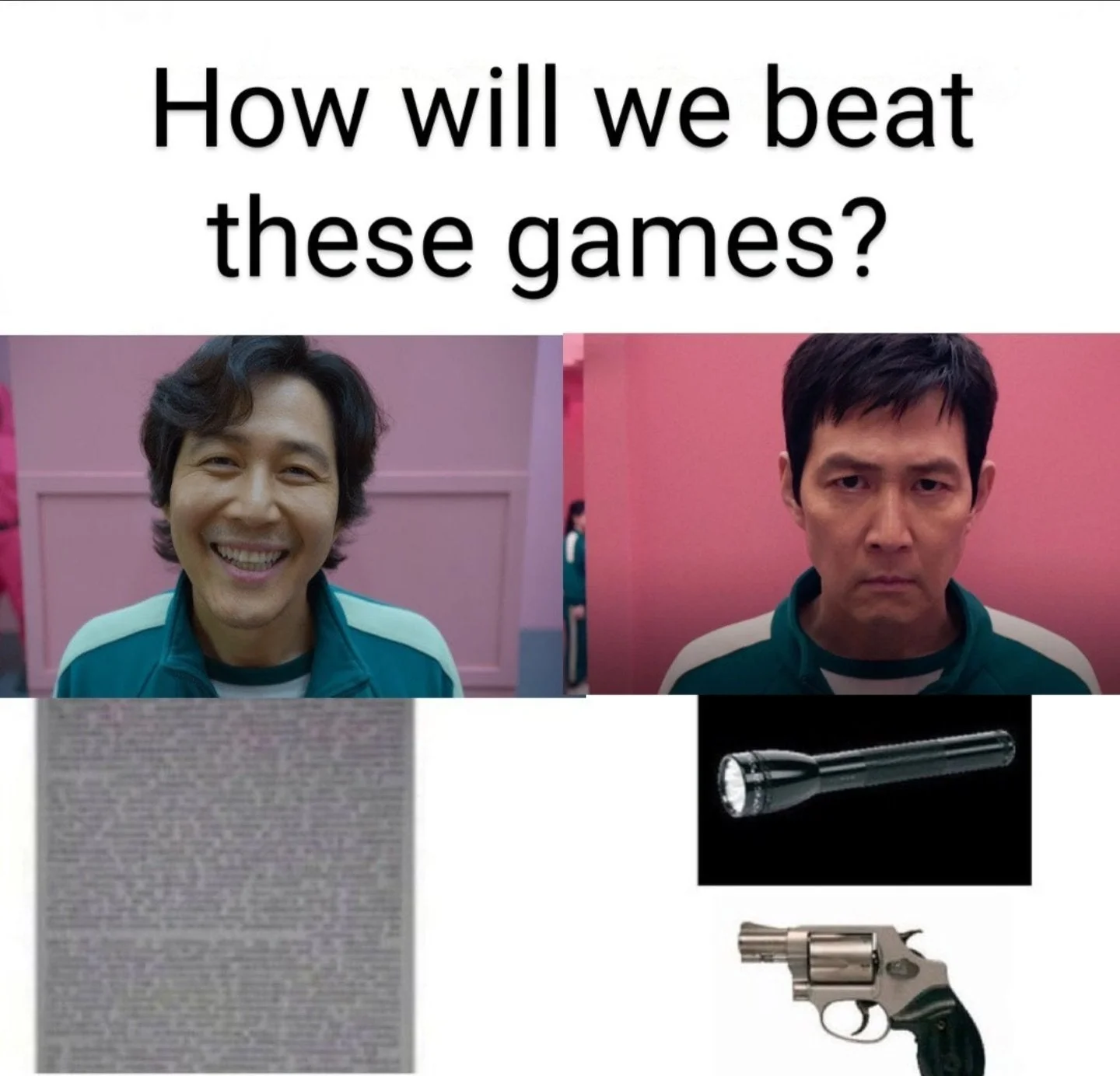 Squid Game Memes — Two-panel meme template with Squid Game characters and inserted images of lightsaber and revolver above comparison panels.