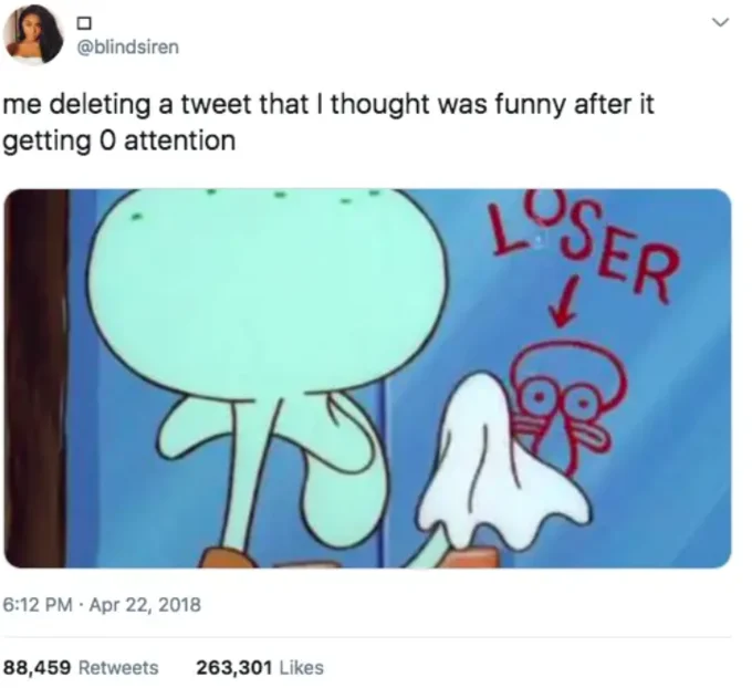 Squidward Cleaning "Loser" Window Graffiti — Viral tweet by @blindsiren about deleting an unfunny tweet, Squidward LOSER meme