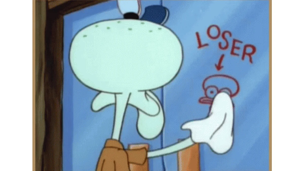 Squidward Cleaning "Loser" Window Graffiti — Squidward cleaning a window with a 'LOSER' graffiti caricature of himself
