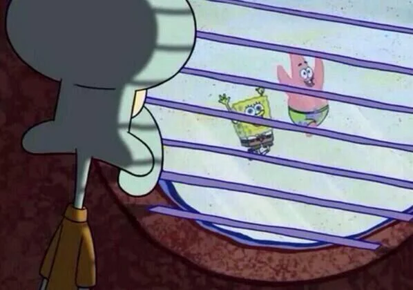 Squidward Tentacles — Sad Squidward looking through window blinds at SpongeBob and Patrick