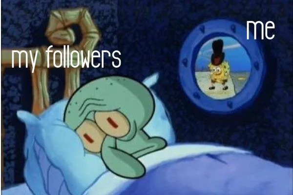 Squidward trying to sleep meme labeled 'my followers' with SpongeBob labeled 'me'