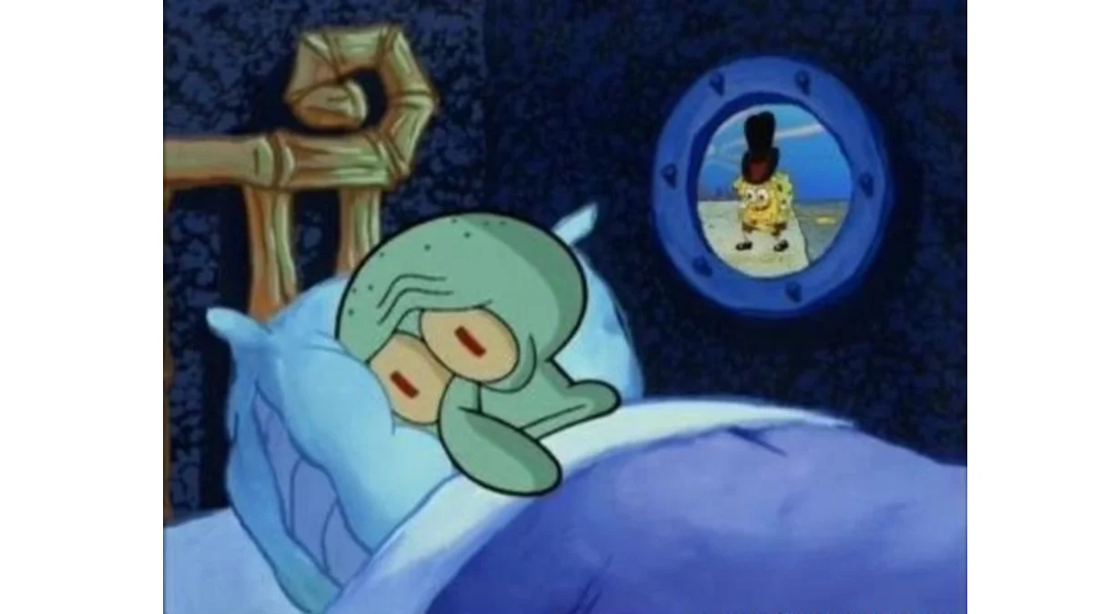 Squidward Trying to Sleep — Tired Squidward in bed with SpongeBob in a tall hat visible through porthole window