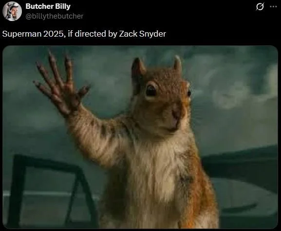 Squirrel Waving Bye In Tornado — Butcher Billy tweet joking that the waving squirrel scene looks like a Zack Snyder Superman film