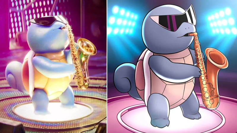 Squirtle Saxophone — Animated split-screen illustration of Squirtle playing golden saxophone in two stylized versions with neon stage lighting.