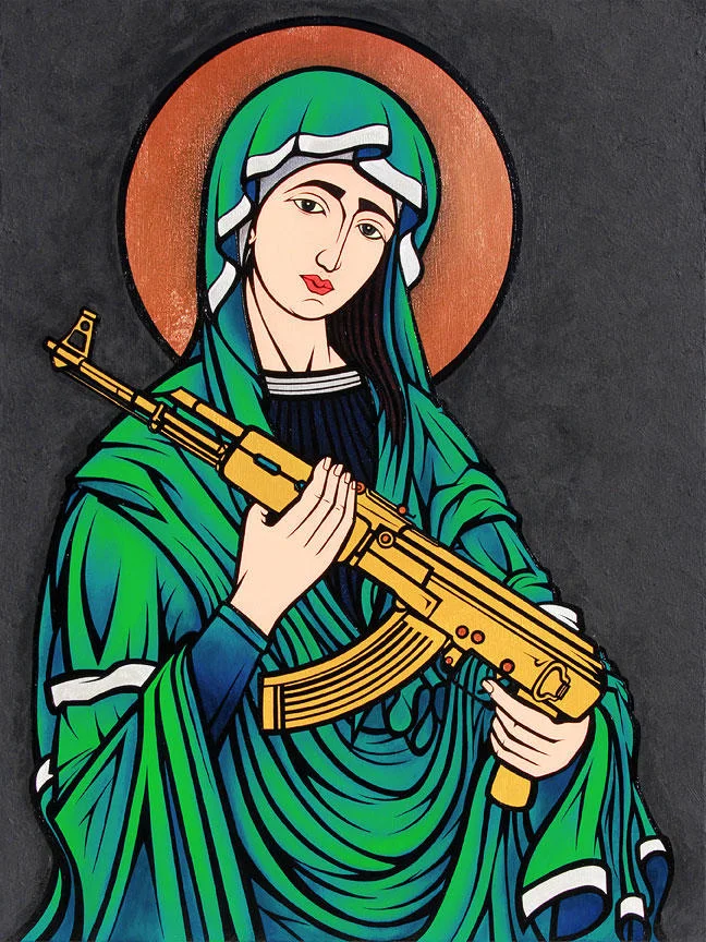 St Javelin Saint Javelin — Religious icon-style illustration of St. Javelin as Madonna in green robes with halo, holding an AK-47 rifle.