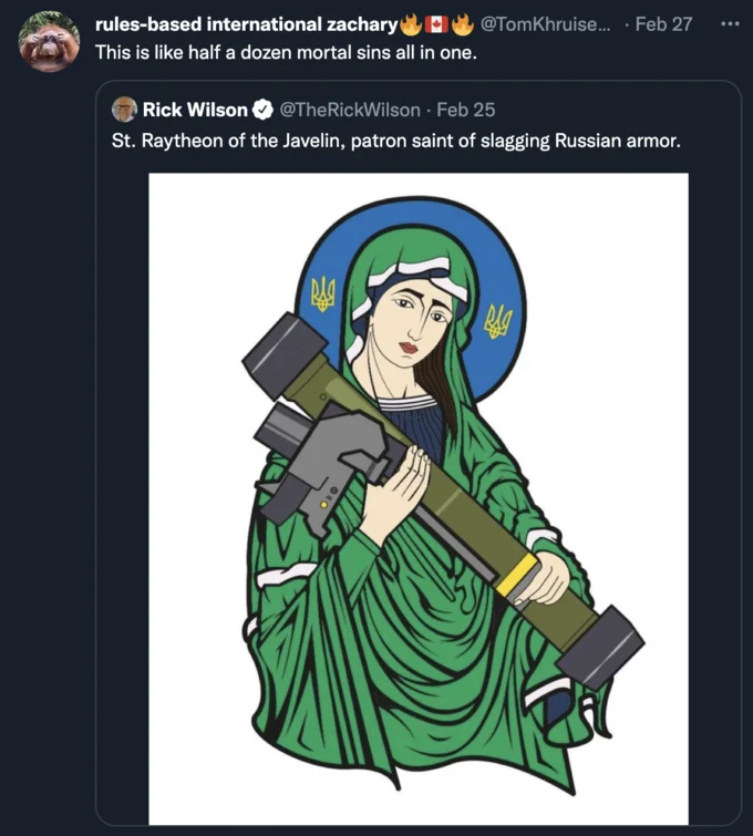 St Javelin Saint Javelin — Screenshot of quoted Twitter posts featuring St. Javelin commentary and religious weaponry humor.