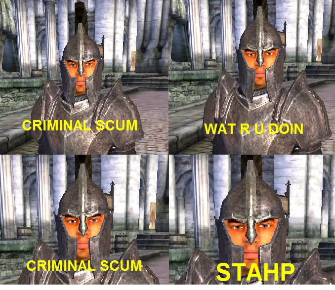 Oblivion guard four-panel meme captioned CRIMINAL SCUM, WAT R U DOIN, CRIMINAL SCUM, STAHP