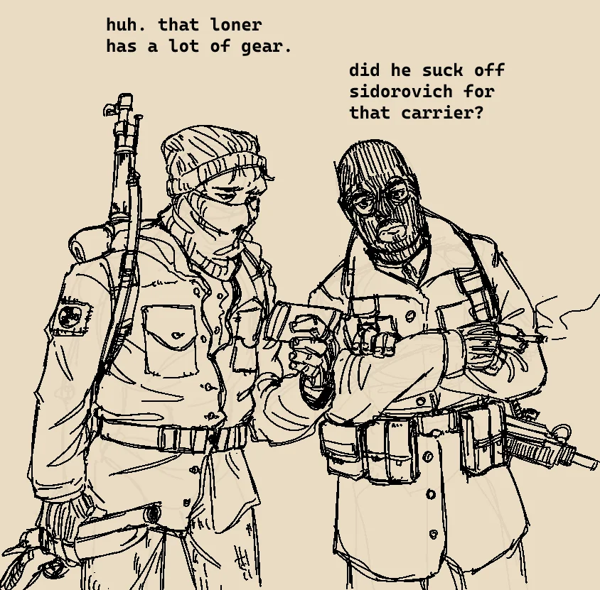 S.T.A.L.K.E.R. — Line-art fan comic of two stalkers joking about a loner's gear and Sidorovich