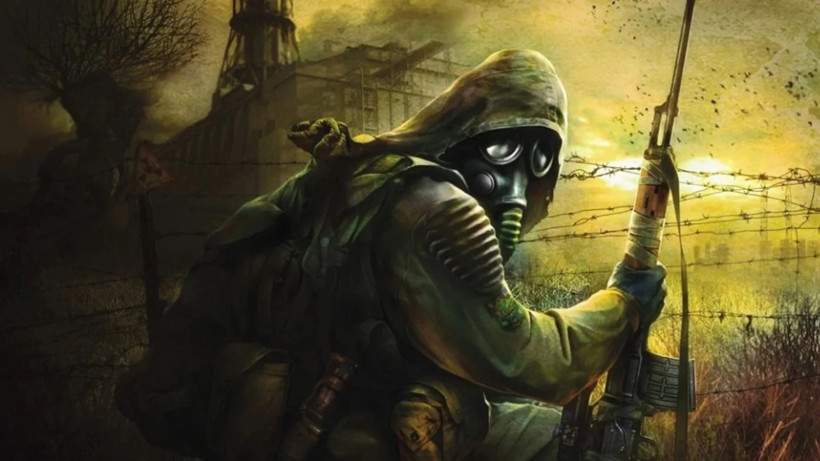 S.T.A.L.K.E.R. — Hooded figure in gas mask holding rifle in front of Chernobyl reactor with barbed wire