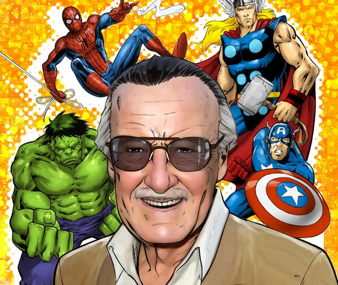 Illustration of Stan Lee smiling, surrounded by Spider-Man, Thor, Hulk and Captain America.