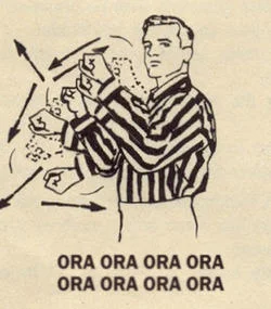 Stand Cries Ora Ora Ora Muda Muda Muda — Minimalist sketch showing figure with arrows and impact effects accompanied by 'ORA ORA ORA ORA' text.