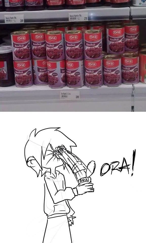Stand Cries Ora Ora Ora Muda Muda Muda — Two-part meme showing retail store shelves above and line drawing figure with 'ORA!' text below.