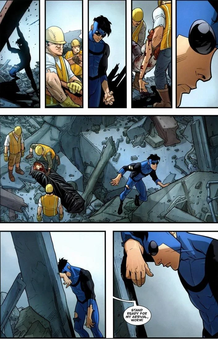 Stand Ready For My Arrival Worm — Multi-panel Invincible comic page showing ruined cityscape with close-up of character delivering 'STAND READY FOR MY ARRIVAL
