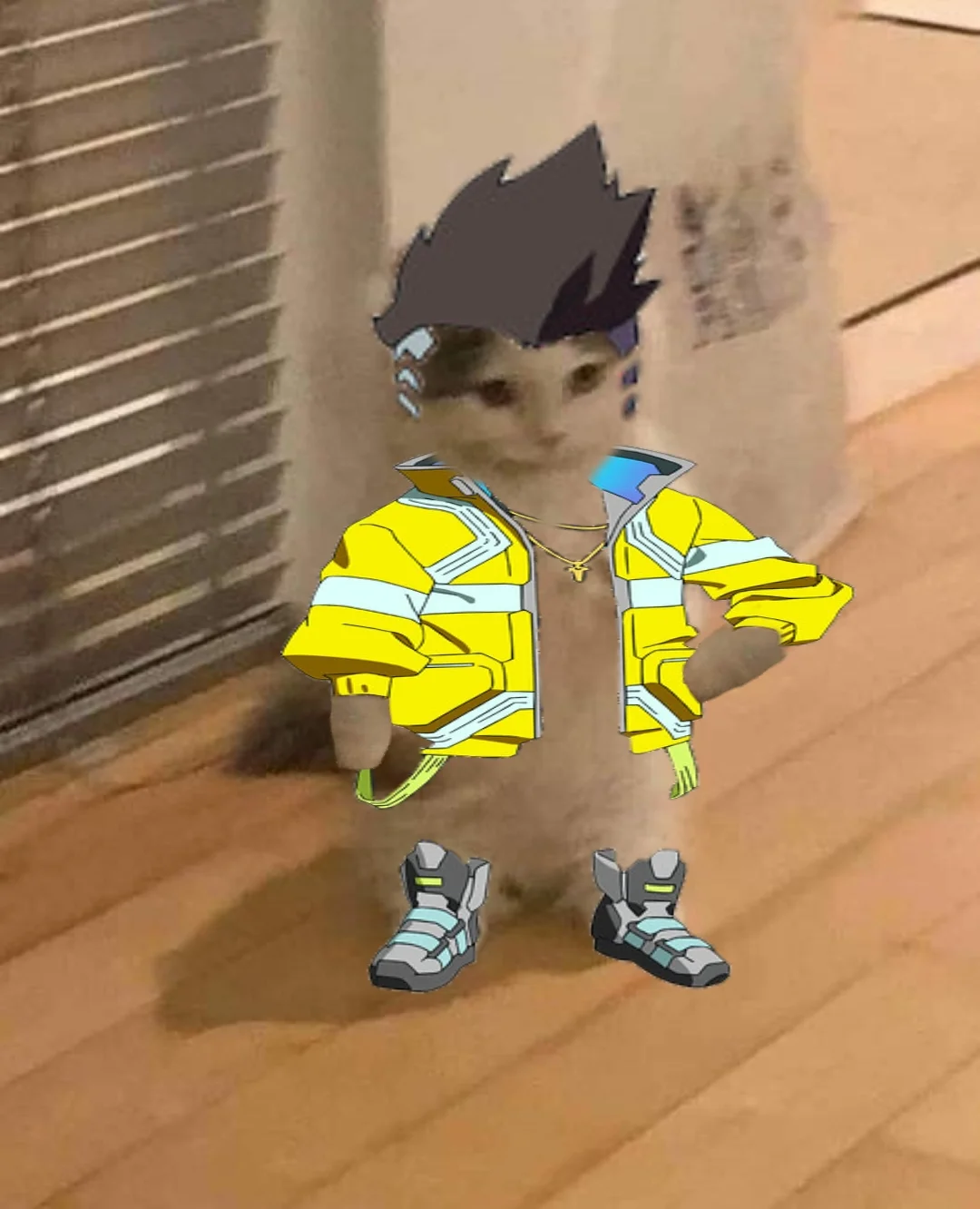 Standing Cat — Standing white cat with anime cyberpunk jacket and sneakers edit overlay