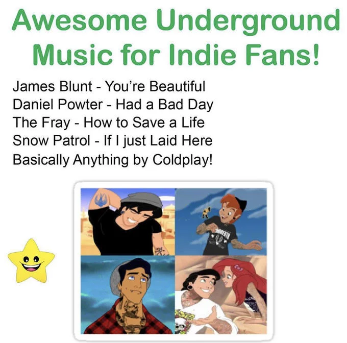 Star Posting — Fake indie music recommendation list with mainstream artists next to the Just Kidding Star icon