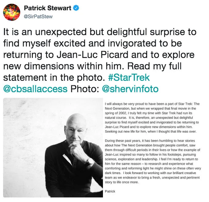 Star Trek — Patrick Stewart tweet announcing return as Jean-Luc Picard