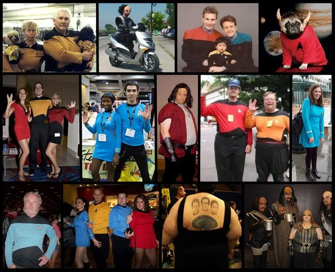 Collage of Star Trek fans and cosplayers in various uniforms