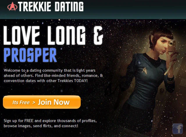 Star Trek — Trekkie Dating website homepage with Starfleet-uniformed woman