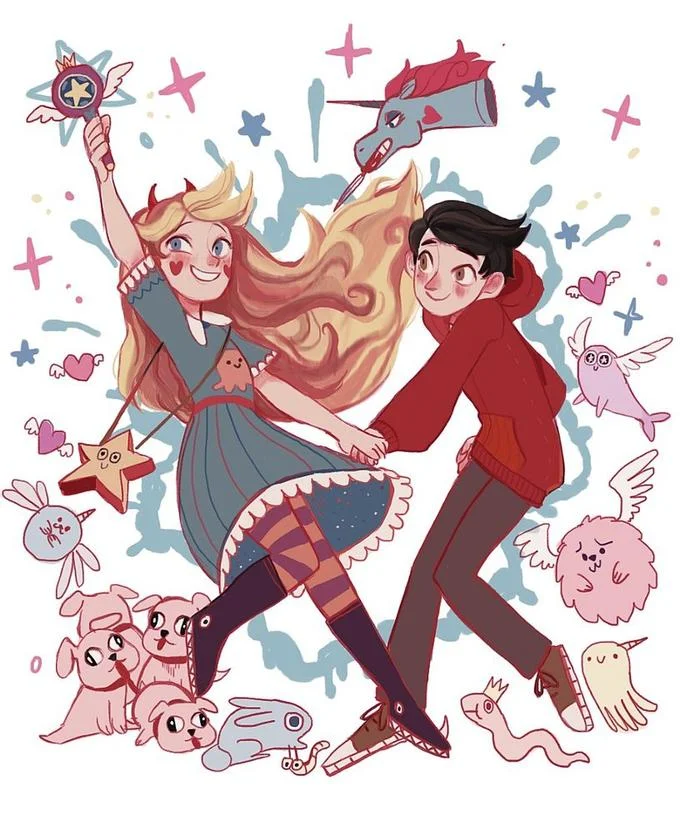 Star vs. the Forces of Evil — Painted fan art of Star and Marco dancing surrounded by show creatures