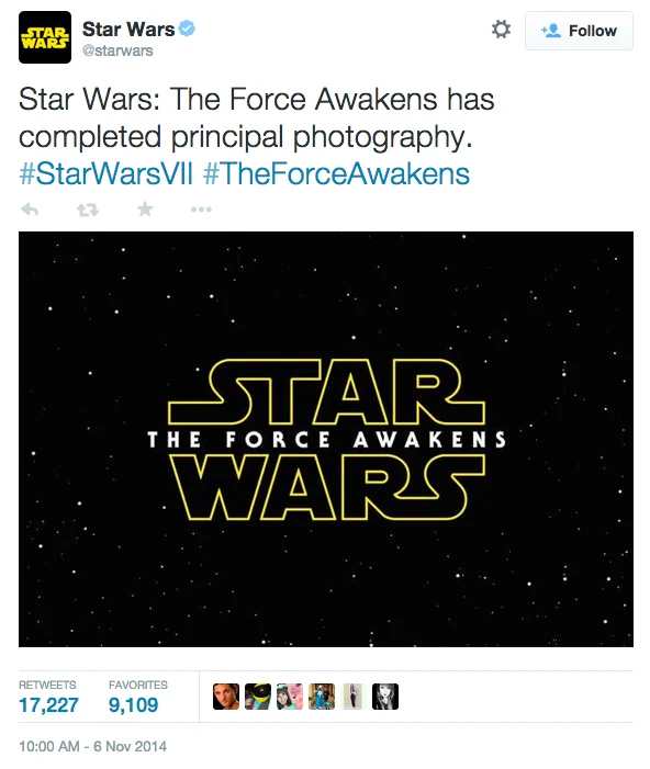 Star Wars Episode VII: The Force Awakens — Tweet from official Star Wars account announcing completion of principal photography with The Force Awakens logo