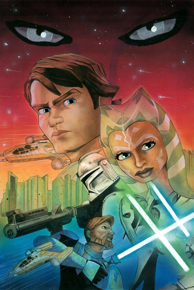 Star Wars: The Clone Wars — Illustration of Anakin, Ahsoka, Obi-Wan, and a clone trooper below glowing Sith eyes.
