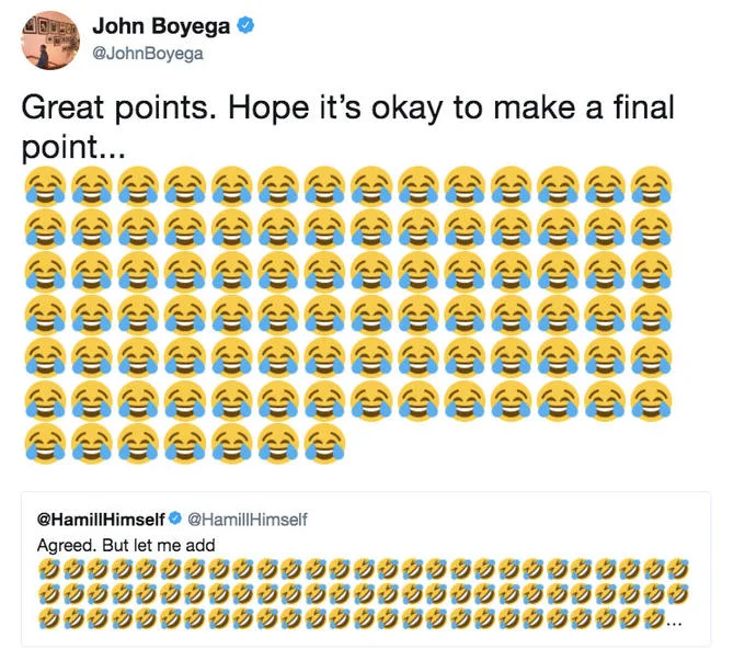 Star Wars: The Last Jedi — John Boyega tweet with grid of crying-laughing emojis continuing the chain