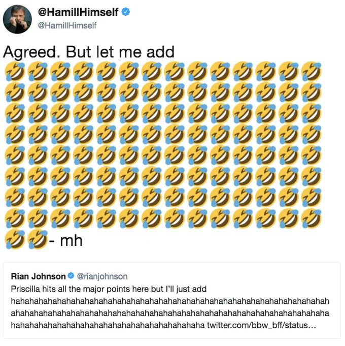 Star Wars: The Last Jedi — Mark Hamill tweet with a grid of laughing emojis responding to Rian Johnson