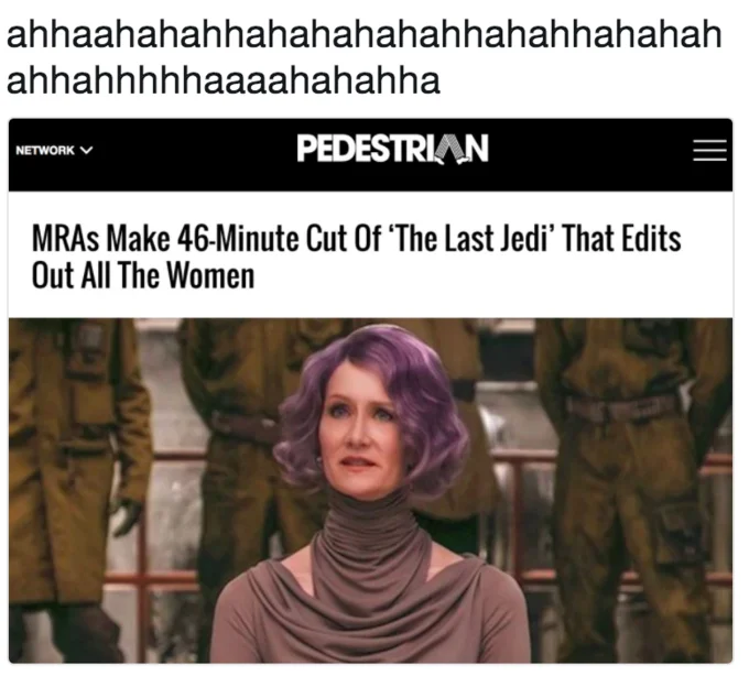 Star Wars: The Last Jedi — Pedestrian article about MRAs editing out women from The Last Jedi with laughter reaction