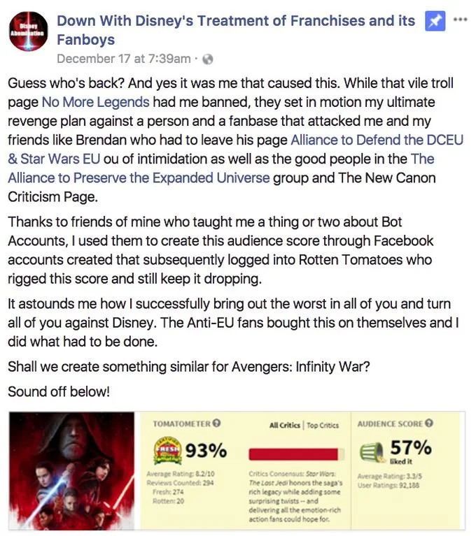 Star Wars: The Last Jedi — Facebook post claiming to have manipulated The Last Jedi's Rotten Tomatoes audience score