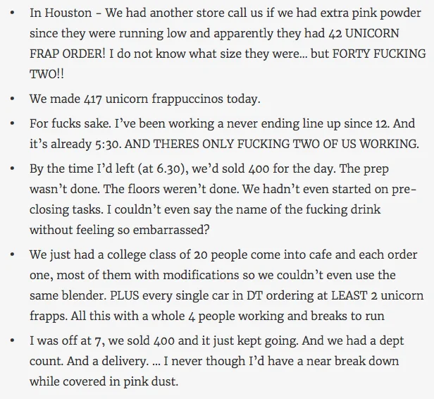 Text bullets of Starbucks baristas complaining about Unicorn Frappuccino orders