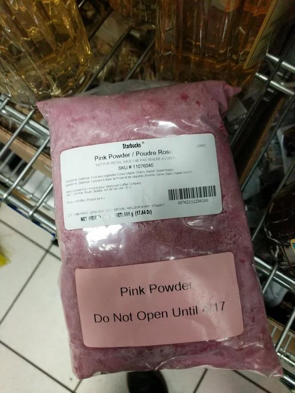 Bag of Starbucks pink powder ingredient labeled Do Not Open Until 4/17