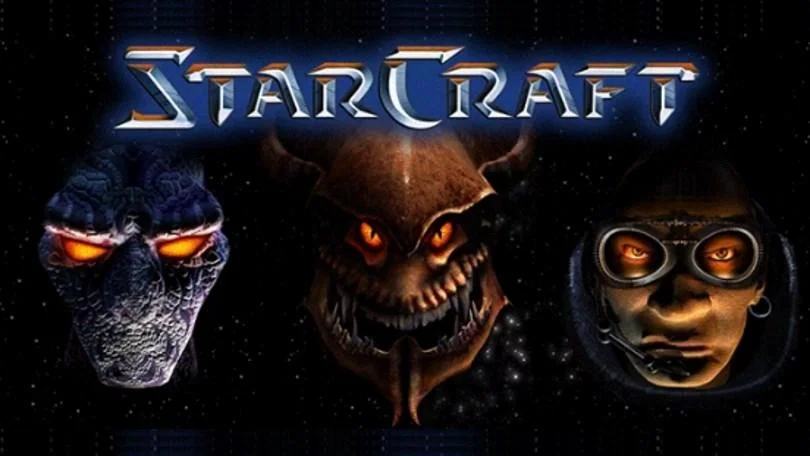 StarCraft logo with Protoss, Zerg, and Terran race faces on a starfield background