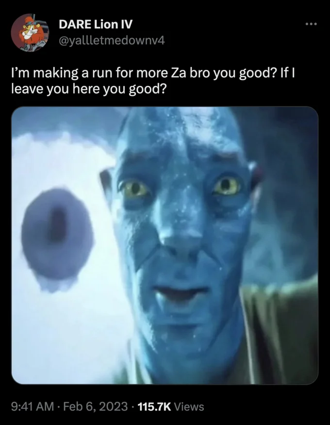 Twitter screenshot with the Staring Avatar Guy image and a caption about leaving a friend behind to get more weed.