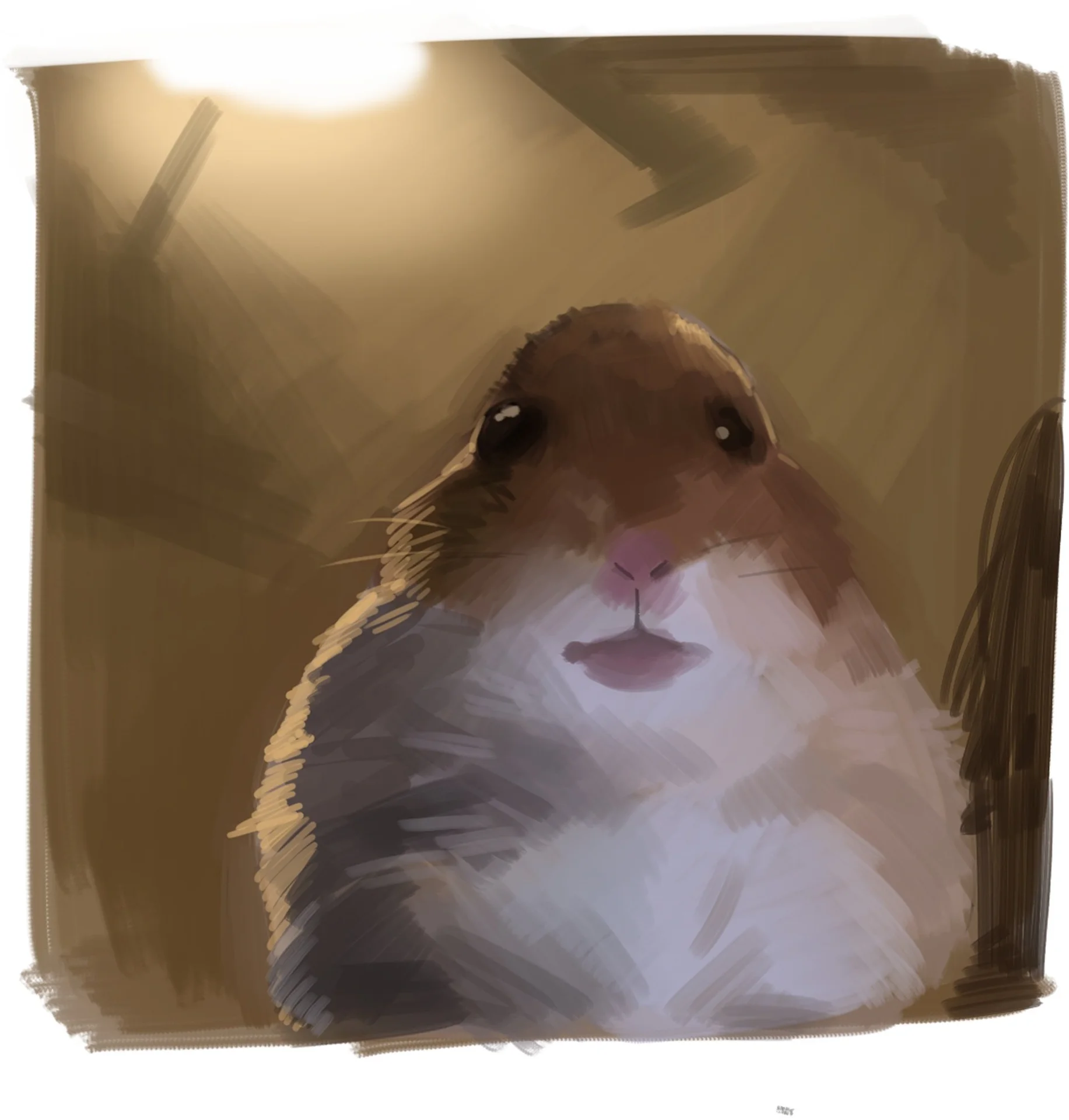Digital painting of the staring hamster with expressive brushwork under warm lighting