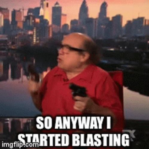 So Anyway I Started Blasting — Alternative meme version with Frank and pistols against New York skyline with canonical caption text.