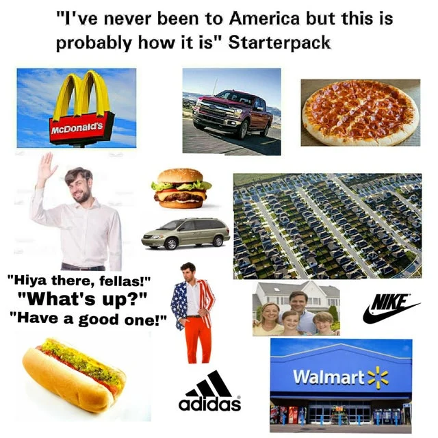 Starter Pack — Grid-based meme showing American cultural symbols including McDonald's, pickup truck, pizza, and retail brands with humorous commentary.