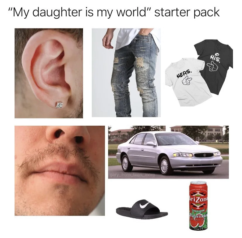 Starter Pack — Grid showing stereotypical items associated with parents who constantly reference their child including fashion and beverages.