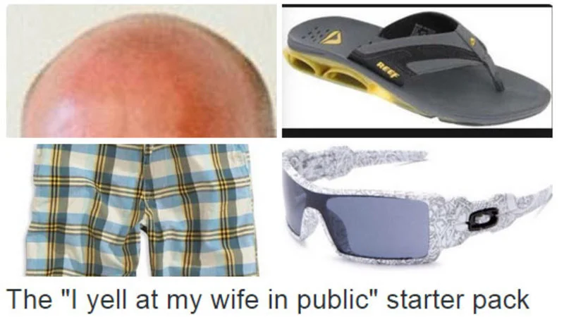 Starter Pack — Four-image grid showing bald head, shoe, plaid shorts, and sunglasses with satirical male stereotype commentary.