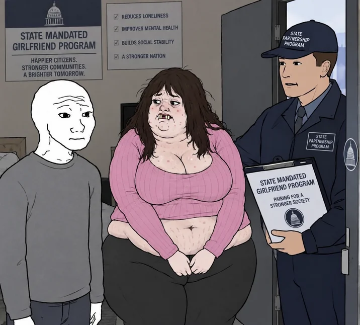 State-Mandated Girlfriend — Reddit post 'Government Mandated Repopulation GF' with a stick-figure girl and dialogue about post-war repopulation