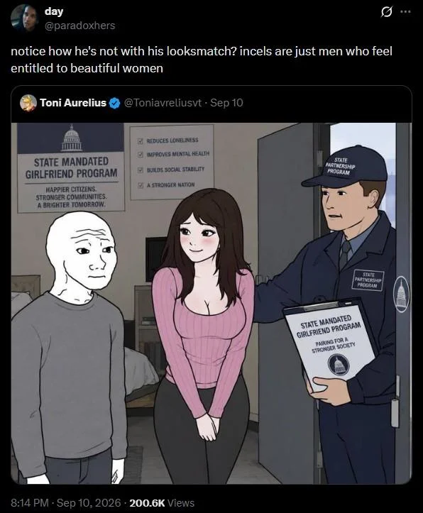 State-Mandated Girlfriend — Tweet criticizing incels for entitlement, quote-tweeting the State Mandated Girlfriend cartoon