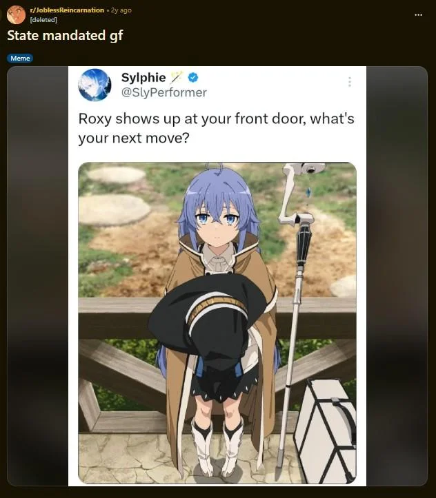 State-Mandated Girlfriend — Reddit post captioned 'State mandated gf' featuring Roxy from Mushoku Tensei at a doorstep