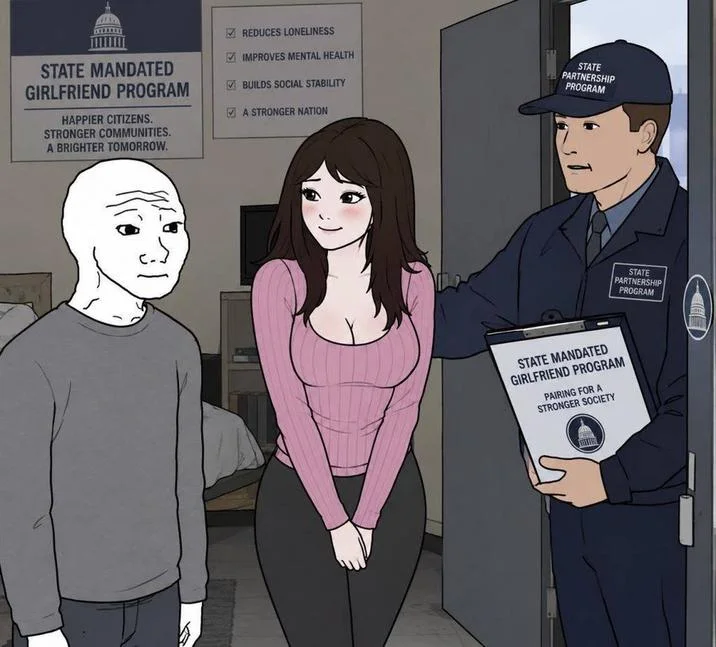 State-Mandated Girlfriend — Full cartoon of a State Partnership Program officer delivering a girlfriend to a wojak beneath program posters