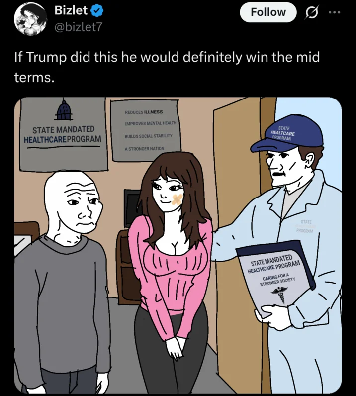 State-Mandated Girlfriend — Tweet joking that Trump would win the midterms if he passed a 'State Mandated Healthcare Program', with a remixed cartoon