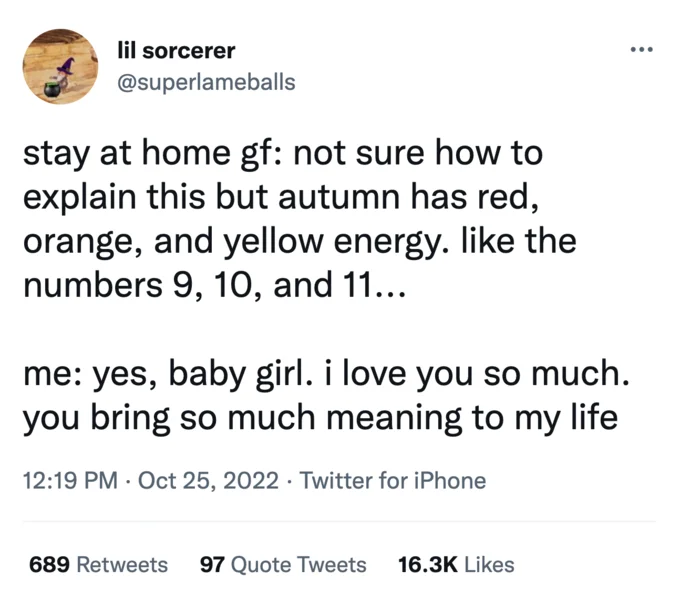 Tweet joke about a stay at home girlfriend describing autumn's colors as numbers