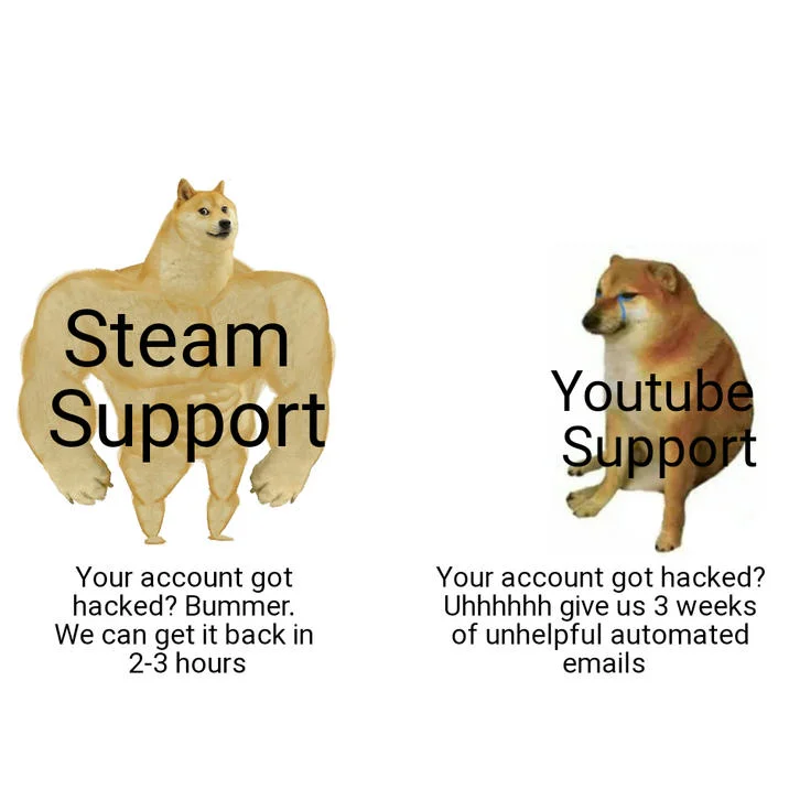 Buff Doge vs Cheems meme comparing fast Steam Support to slow YouTube Support