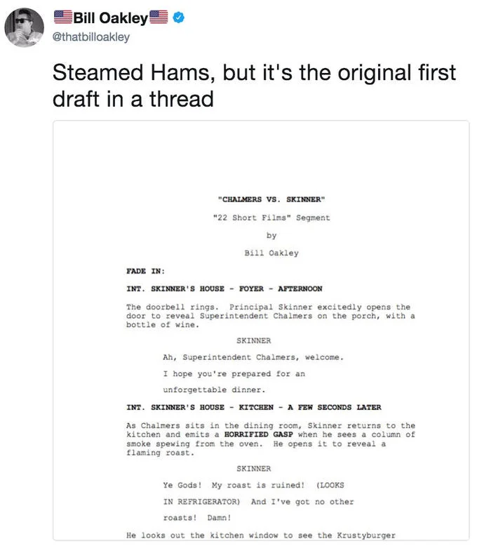 Twitter screenshot showing original draft script pages for Steamed Hams segment from creator.