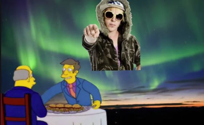 Meme mashup combining Steamed Hams dinner scene with overlay of modern figure pointing.