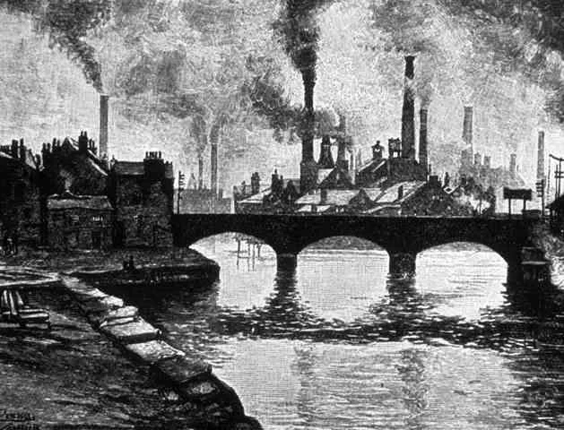 Steampunk — Engraving of Industrial Revolution factories with smoking chimneys and a stone bridge over a river.